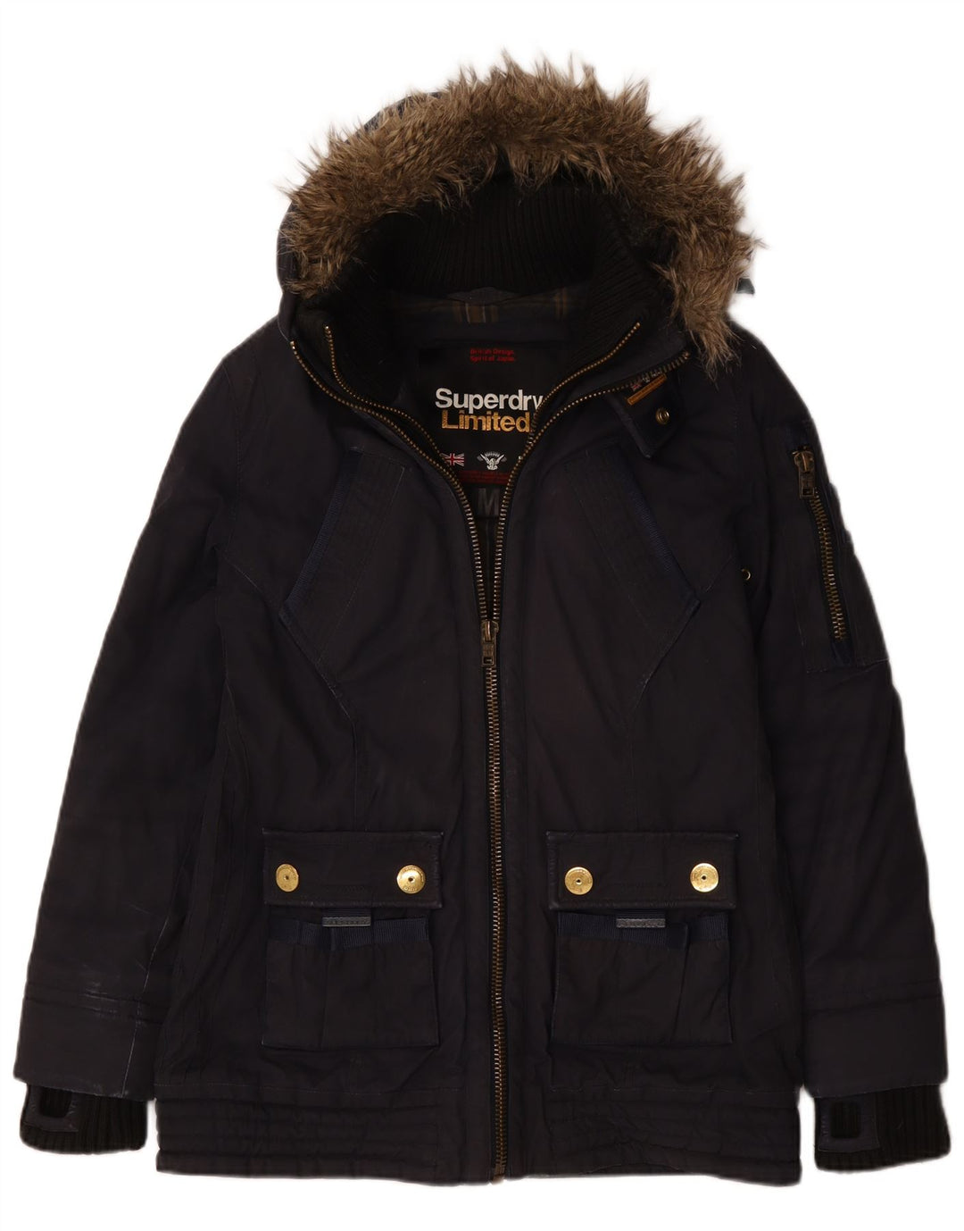 Superdry Womens Hooded Windbreaker Jacket UK 14 Medium Navy Blue Cotton