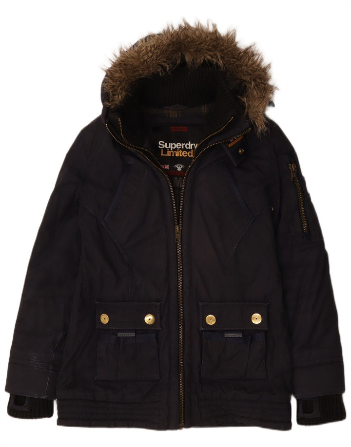 Superdry Womens Hooded Windbreaker Jacket UK 14 Medium Navy Blue Cotton