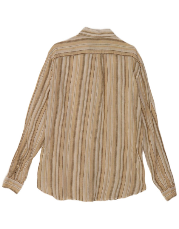 Camicia Benetton Uomo Lino Rigato Beige Medio