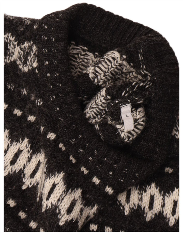 Vintage Mens Crew Neck Jumper Sweater Large Black Fair Isle