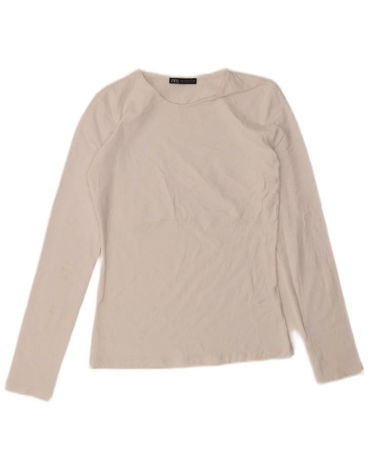 Zara Damen Top Langarm UK 12 Mittelweiße Baumwolle
