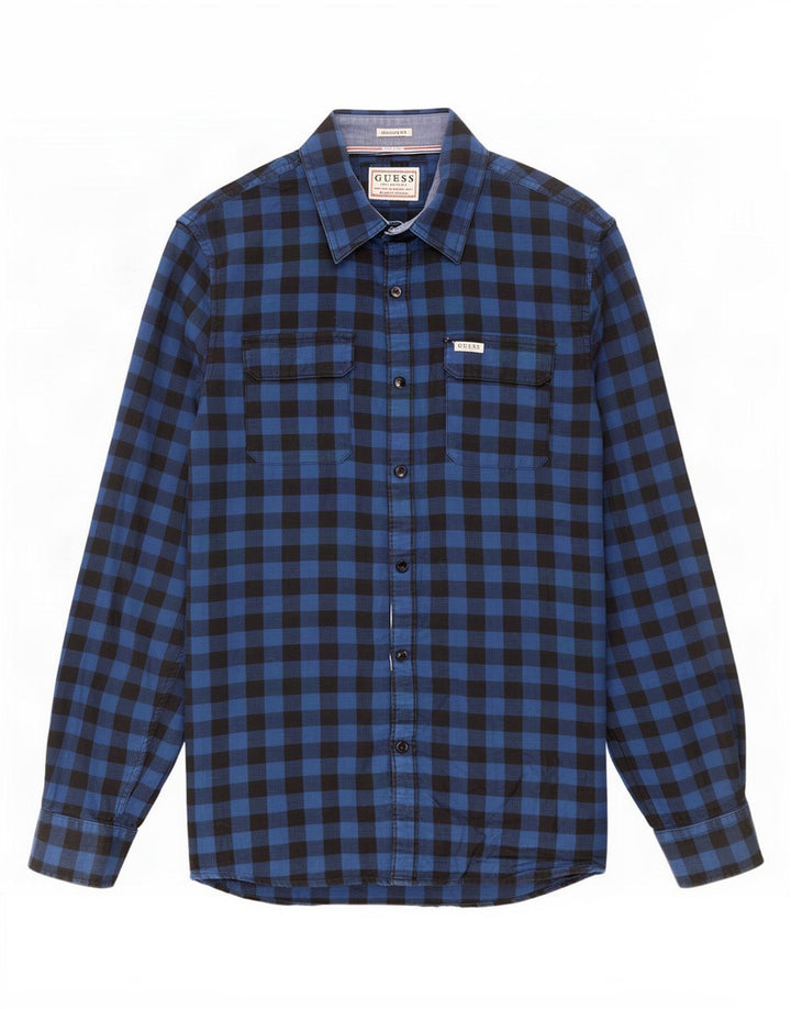 Guess Herren-Hemd mit normaler Passform, kleiner blauer Gingham-Karomuster