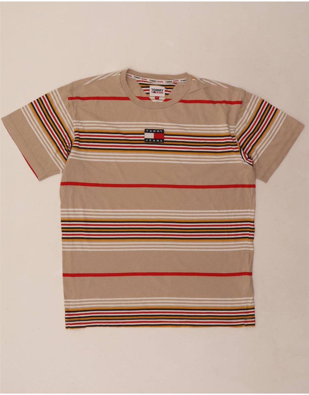 Tommy Hilfiger Mens T-Shirt Top Medium Beige Striped Cotton