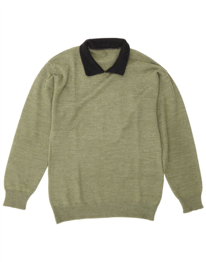 Vintage herre polo hals sweater mellemgrøn farveblok