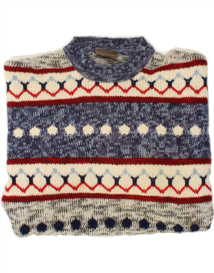 SEVRES Mens Crew Neck Jumper Sweater IT 50 Medium Blue Fair Isle Wool