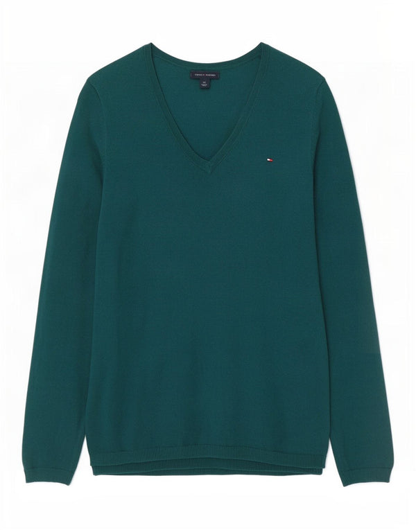Tommy Hilfiger Womens V-Neck Jumper Sweater UK 10 Small Green Cotton