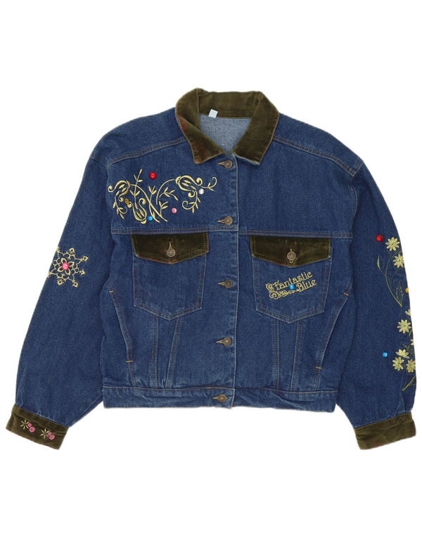 Vintage Womens Loose Fit Denim Jacket UK 14 Medium Blue Floral Cotton