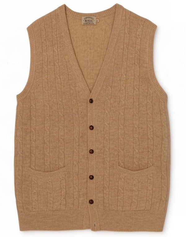 McNeal Mens Sleeveless Cardigan Sweater Medium Beige Flecked Lambswool