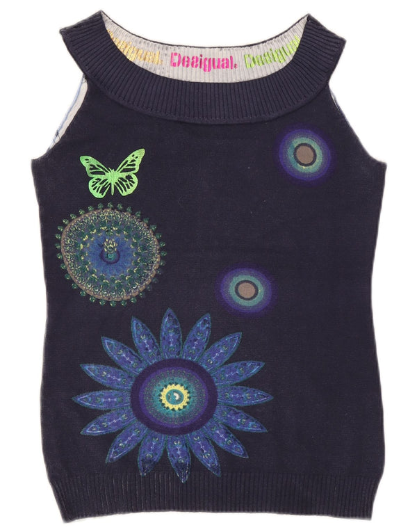 Desigual Dame Vest Tank Top UK 10 Small Navy Blue Floral Butterfly