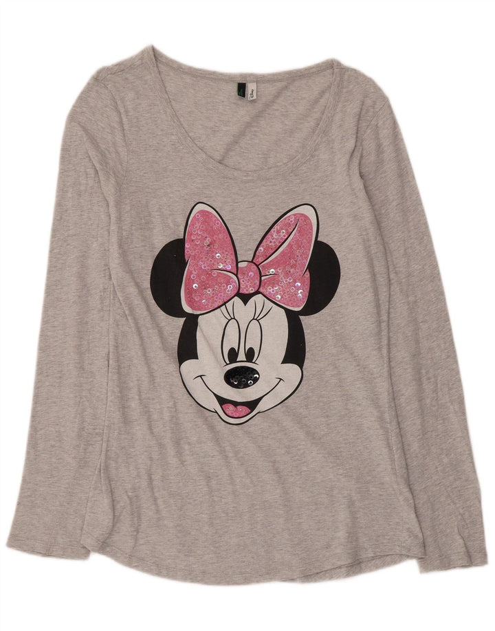Benetton Top da donna con grafica Minnie a maniche lunghe in cotone grigio medio
