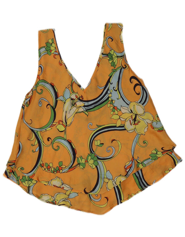 Vintage Damen Ärmelloses Blusentop UK 14 Medium Orange Floral