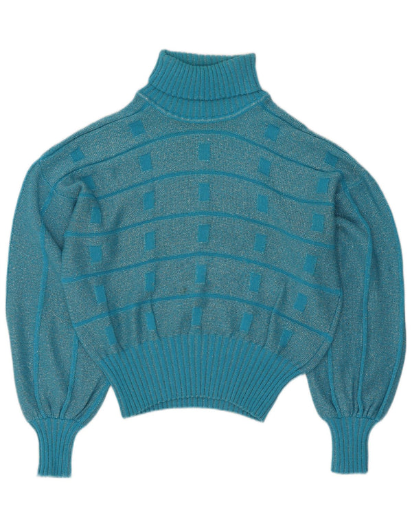 Vintage női Crop Roll Neck Jumper pulóver UK 16 nagy kék csíkos
