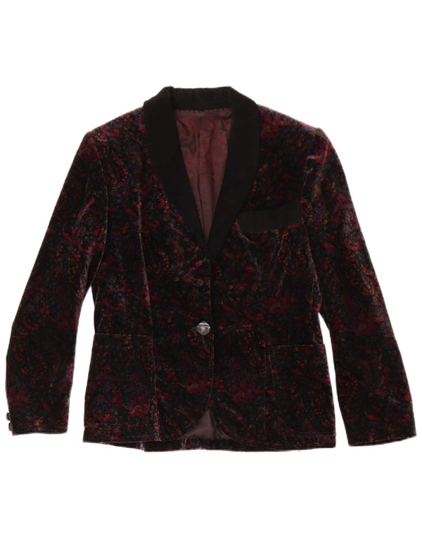 Vintage Damen 1 Knopf Samt Blazer Jacke UK 12 Medium Burgundy Floral