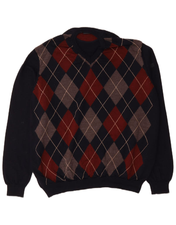 Maerz Muenchen Mens V-Neck Jumper Sweater XL Navy Blue Argyle/Diamond Wool