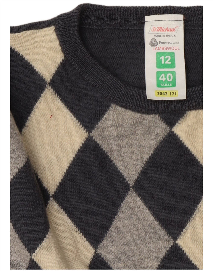St Michael Womens Boat Neck Jumper Sweater UK 12 Medium Grey Argyle/Diamond