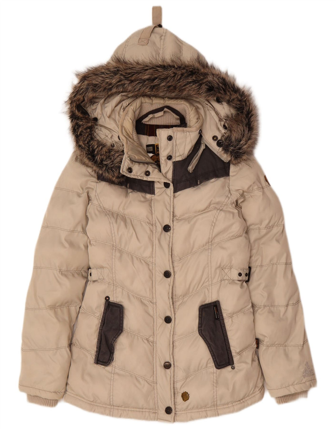 KHUJO Womens Hooded Oversized Padded Jacket UK 10 Small Beige Polyester