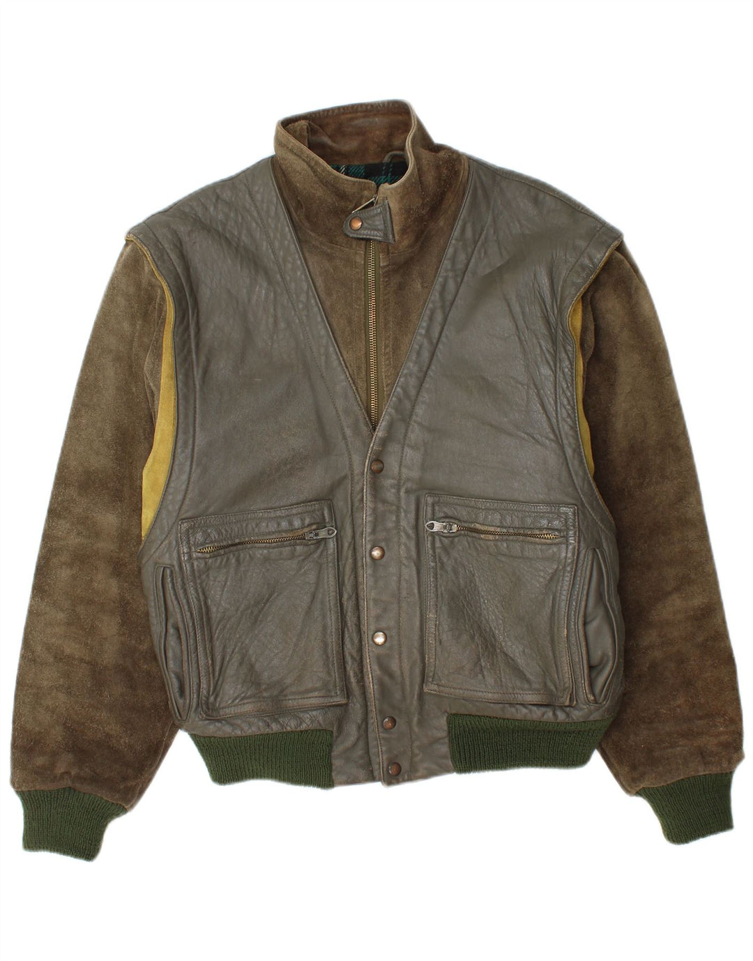 Belfe & Belfe Veste en cuir bomber pour homme UK 38 Kaki moyen colour block