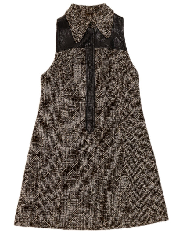 Vintage Womens Sleeveless A-Line Dress UK 8 Small Black Geometric