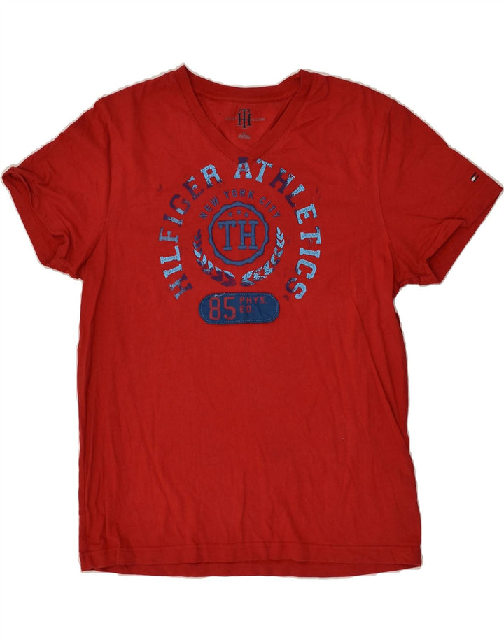 TOMMY HILFIGER Womens Graphic T-Shirt Top UK 12 Medium Red Cotton | Vintage Tommy Hilfiger | Thrift | Second-Hand Tommy Hilfiger | Used Clothing | Messina Hembry 