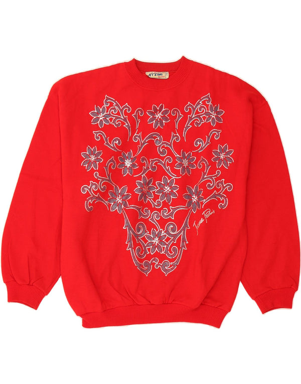 VINTAGE Womens Crew Neck Jumper Sweater UK 14 Medium Red Floral Acrylic