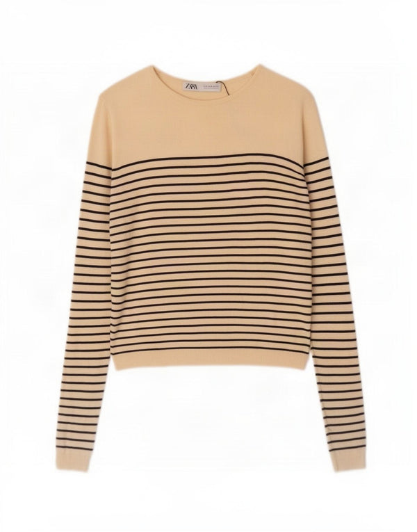 Maglione Zara da donna con scollo a barca UK 10 piccola viscosa a righe beige