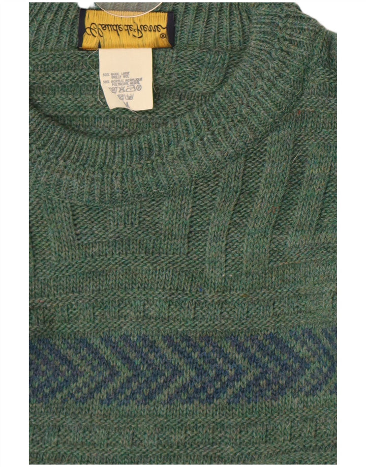 Claude De Pierre Herre rund hals sweater mellemgrøn geometrisk uld