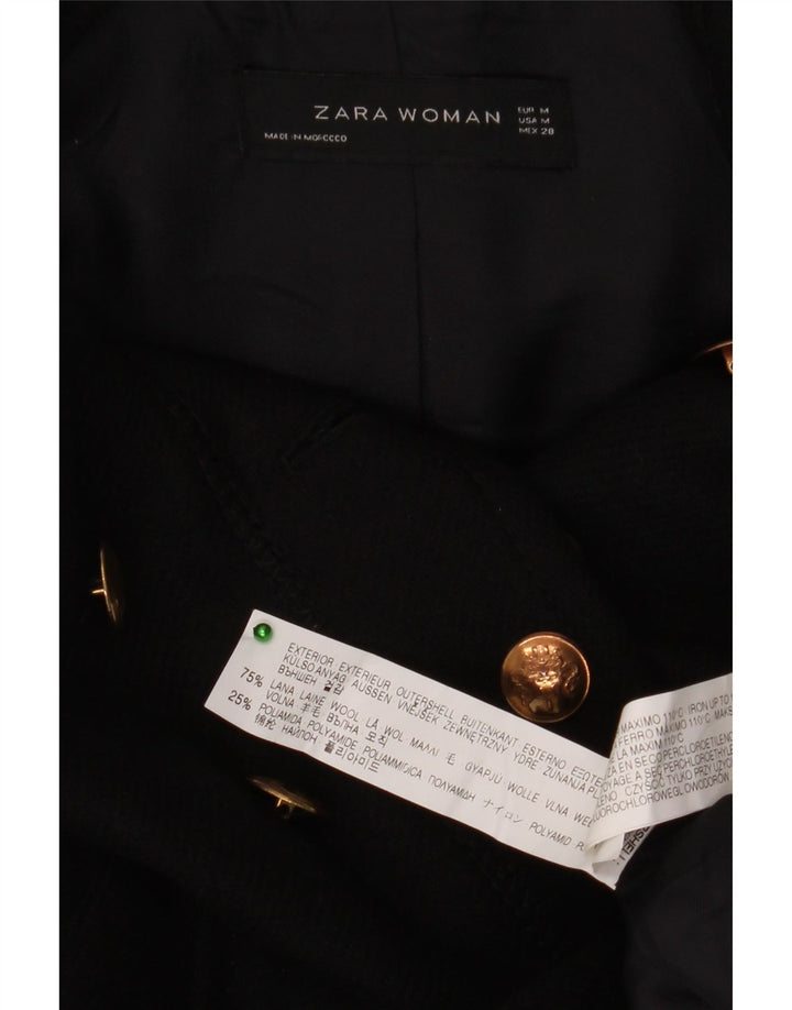Zara Womens Military Double Breasted Coat UK 12 Medium Black Wool