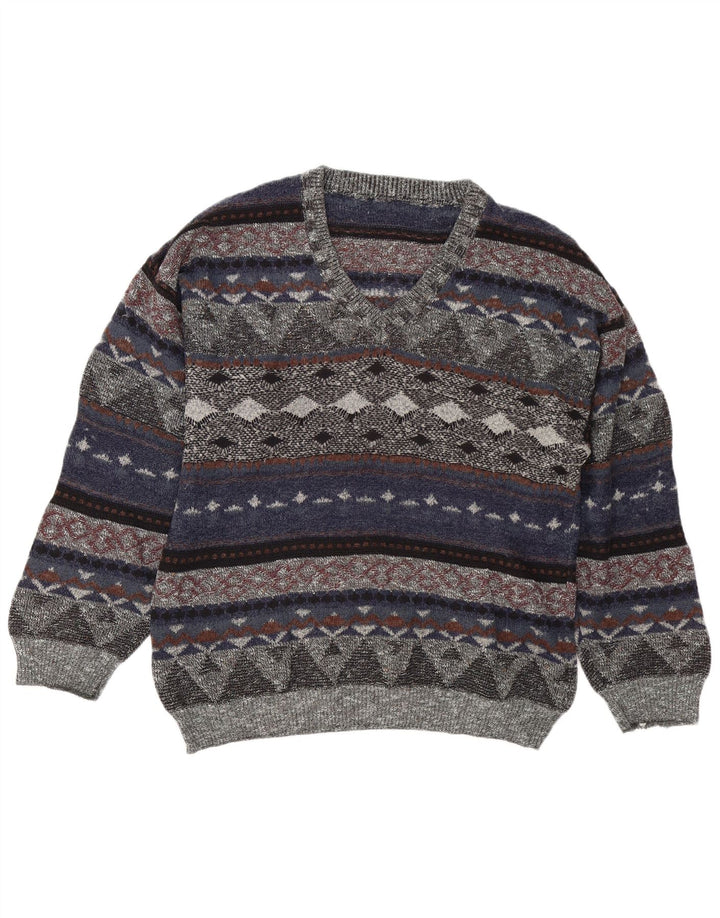 Vintage Mens V-Neck Jumper Sweater Large Multicoloured Fair Isle
