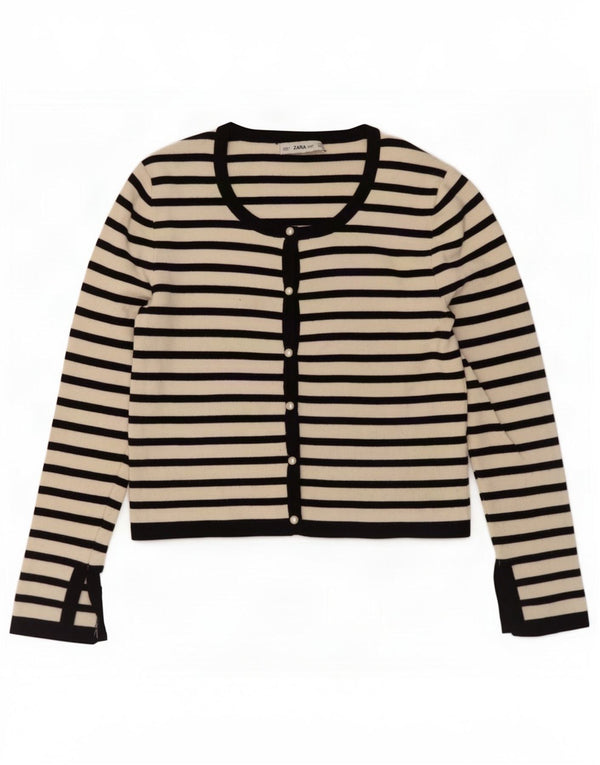 Suéter cardigã feminino Zara Reino Unido 14 grande viscose listrada branca