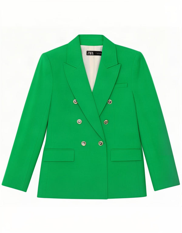 Zara Dame Dobbeltradet Blazer Jacket UK 10 Small Green Polyester