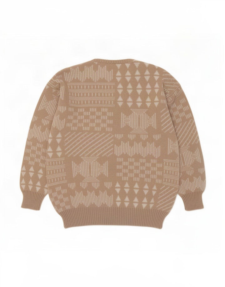 Sweter męski z okrągłym dekoltem w stylu vintage IT 48 Średni beżowy patchworkowy wełniany