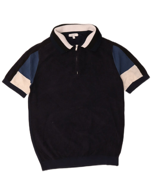 Reiss Hombre Polo Neck Jumper Sweater Small Azul Marino Colorblock