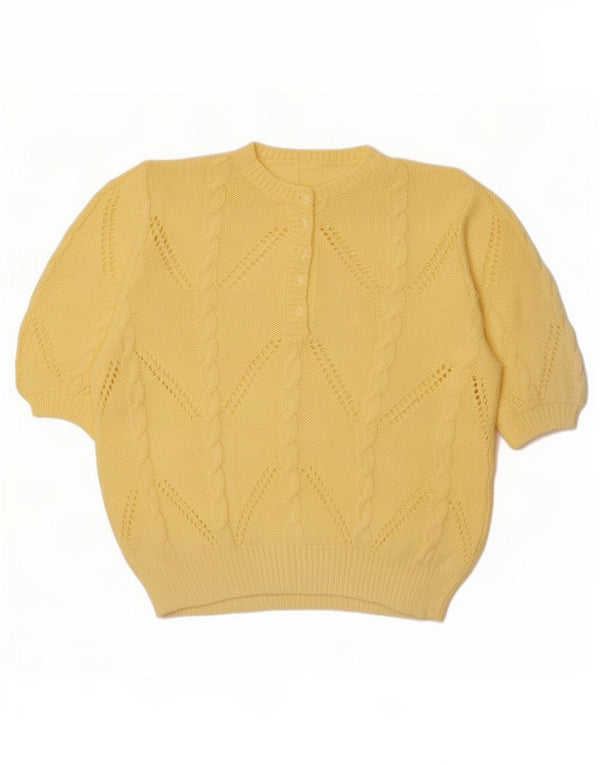 Vintage Dame Kortærmet Button Neck Jumper Sweater UK 18 XL Gul