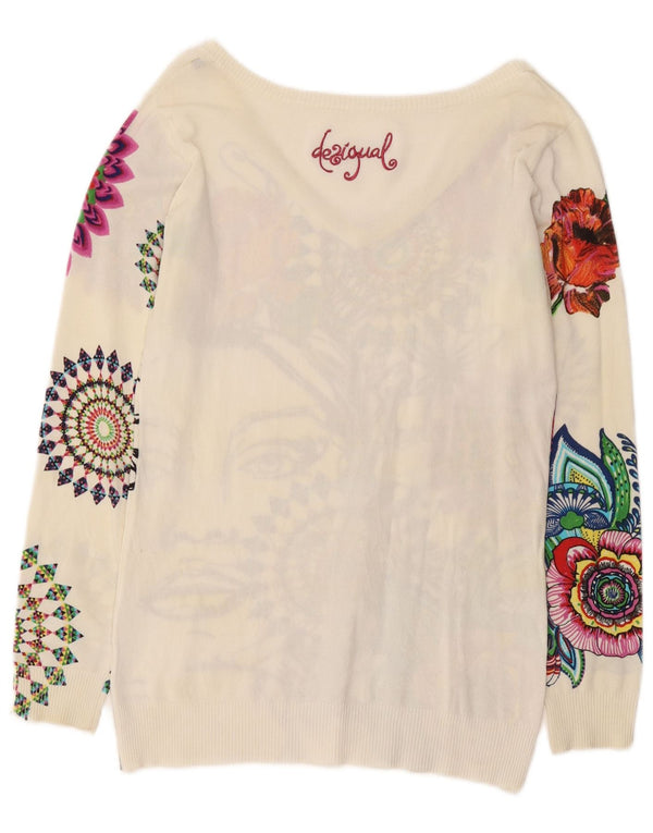 Desigual Dame Grafisk V-hals Jumper Sweater UK 14 Large White Floral