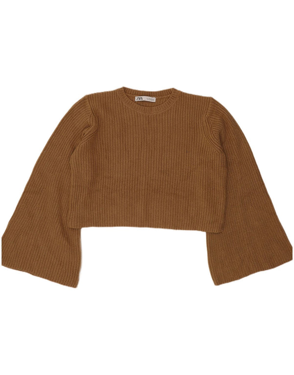 Zara Womens Crop Oversized Boat Neck Jumper Sweater UK 10 Small Beige