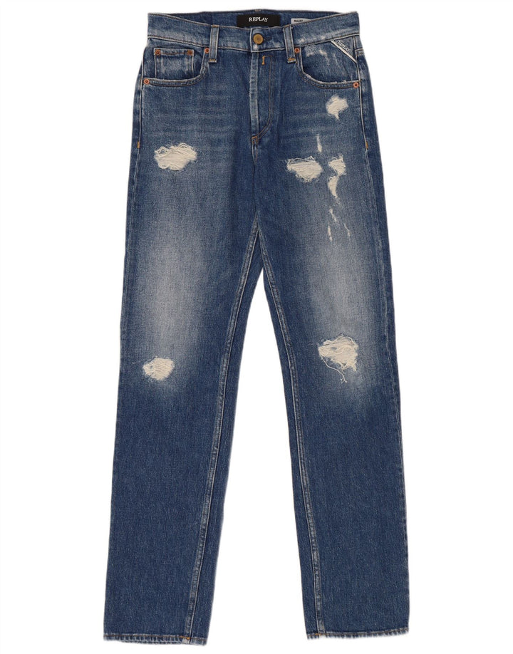 Replay Womens Distressed Straight Jeans W25 L30 Blue Cotton