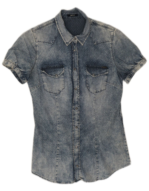 Gas Womens Short Sleeve Denim Shirt UK 12 Medium Blue Spotted Cotton