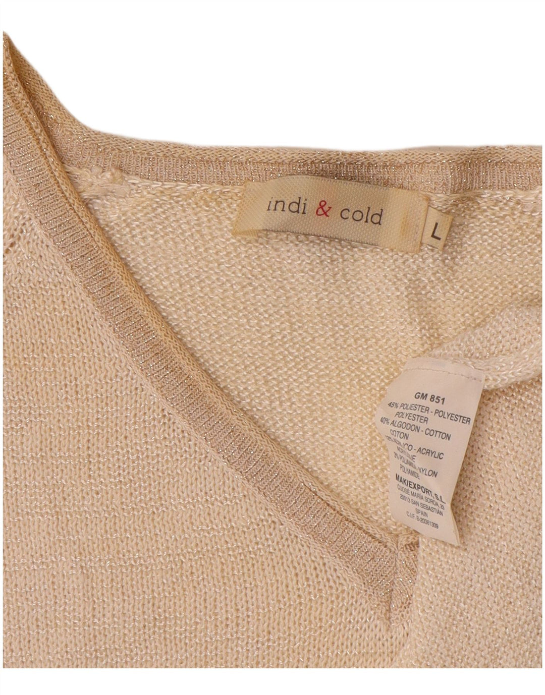 vintage Femme V-Col Jumper Pull UK 16 Grand Beige Polyester