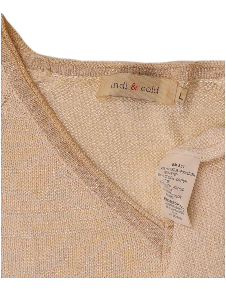 vintage Femme V-Col Jumper Pull UK 16 Grand Beige Polyester