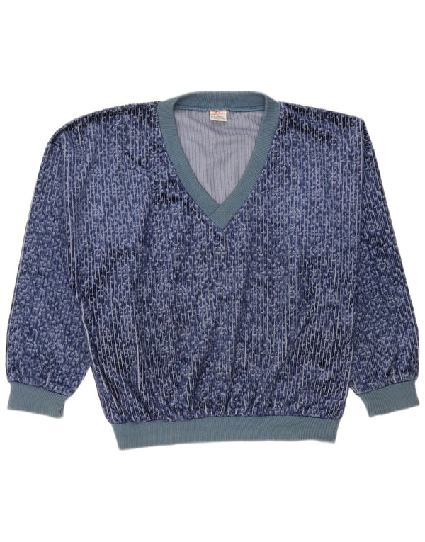 Vintage herre velour sweatshirt jumper medium blå nålestribet polyester