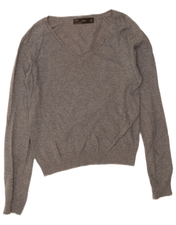 Zara Womens Crop V-Neck Jumper Sweater UK 12 Medium Grey Cotton