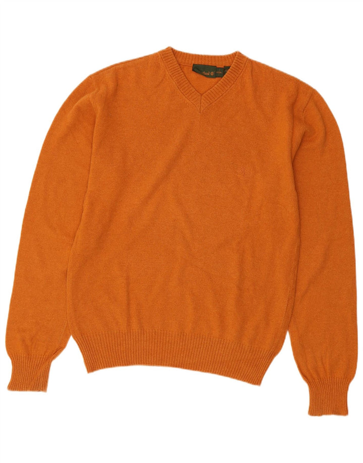 TIMBERLAND Mens V-Neck Jumper Sweater Small Orange Wool