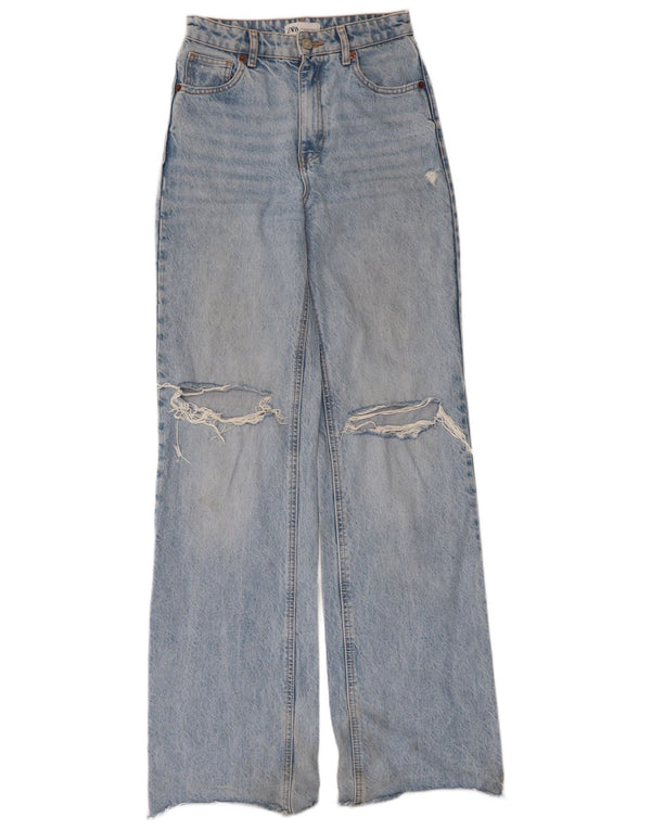 Zara Womens Distressed Wide Leg Jeans EU 34 2XS W24 L34 Blue Cotton