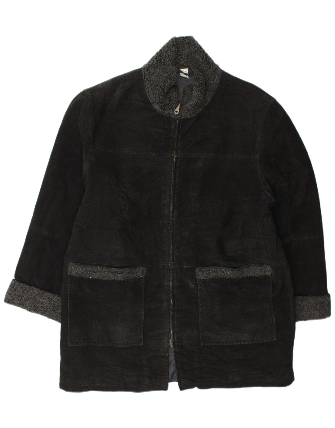 Soprabito in pelle scamosciata da donna VINTAGE UK 18 XL in pelle nera