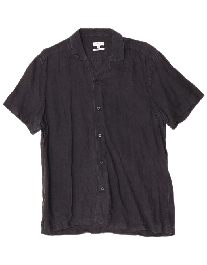 Reiss Mens Short Sleeve Regular Fit Shirt Large Navy Blue Linen