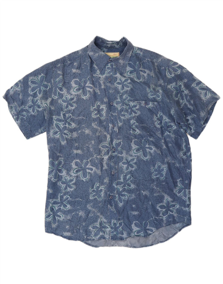 James Dillon Mens Short Sleeve Shirt Small Blue Floral Silk