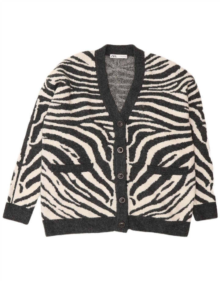 Zara Womens Oversized Cardigan Sweater UK 14 Medium Grey Animal Print