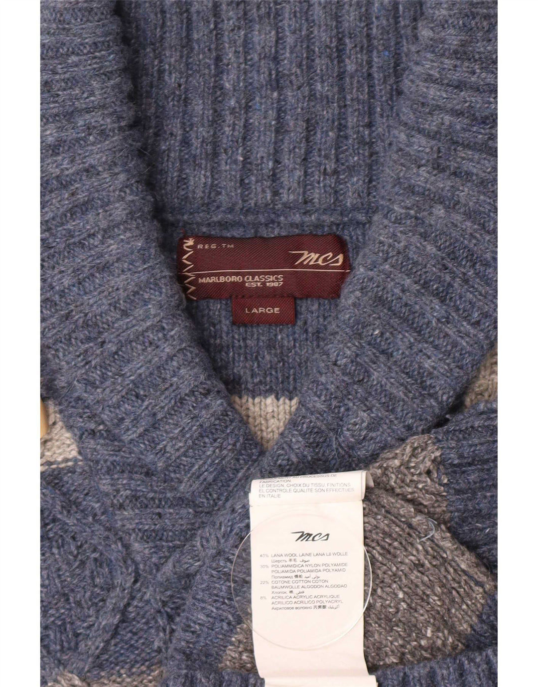 Marlboro Classics Herre Shawl Neck Jumper Sweater Stor Blå Stribet Uld