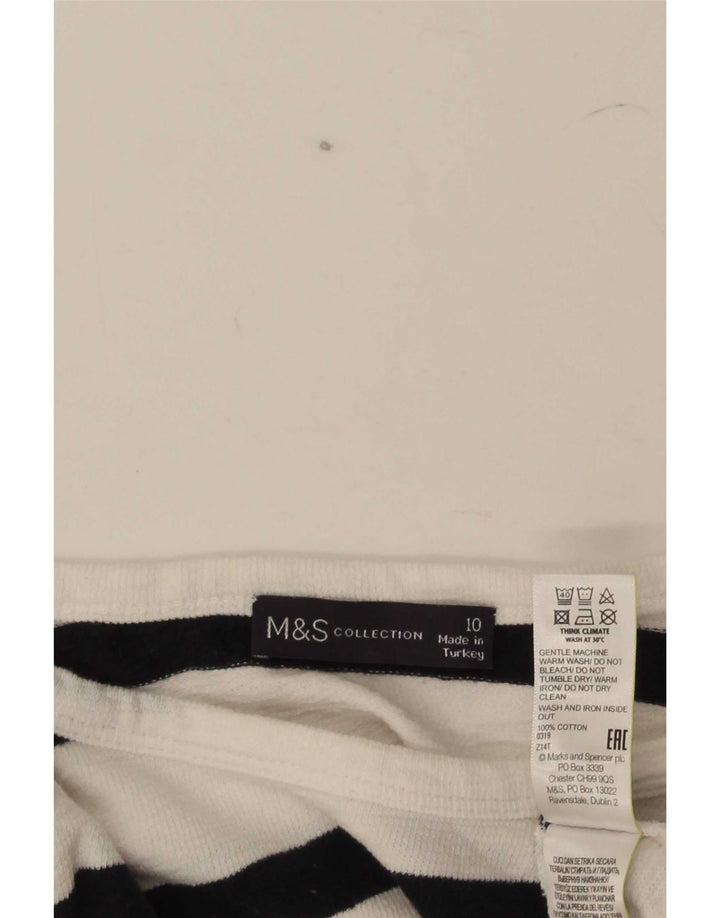 Marks & Spencer Womens Top Long Sleeve UK 10 Small White Striped Cotton