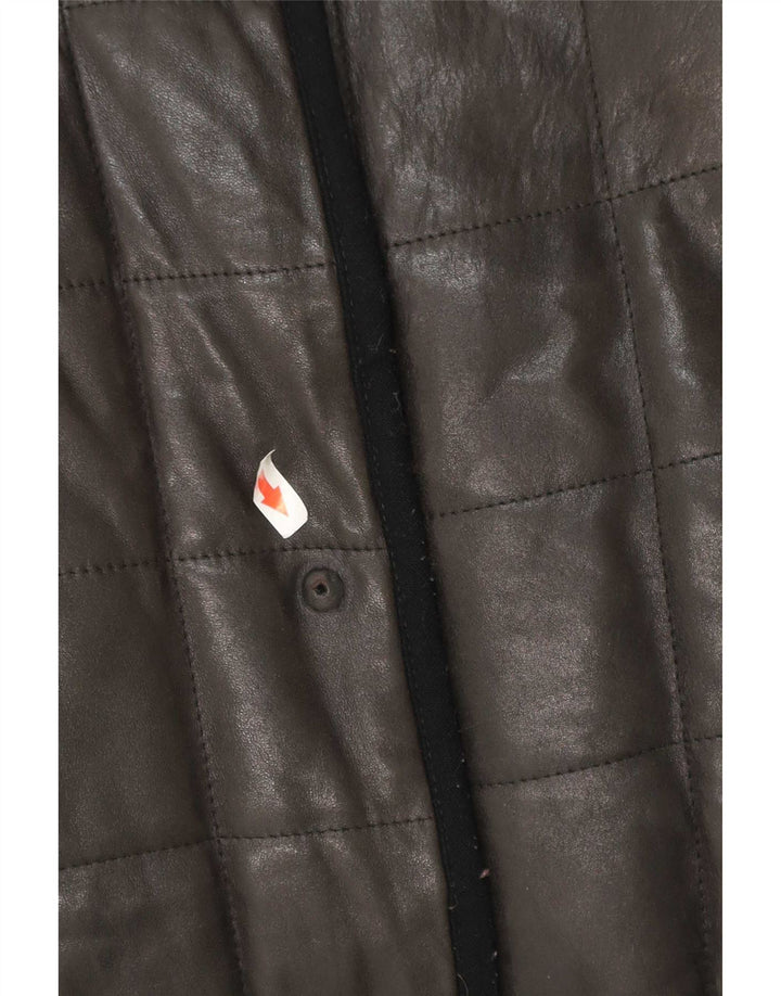 Casaco de couro acolchoado feminino vintage UK 12 médio preto